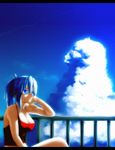  bare_shoulders blue_eyes breasts chin_rest cleavage cloud collarbone commentary day highres large_breasts letterboxed light midriff onibi_(foxhound4185) original ponytail shirt sitting sky solo tank_top taut_clothes taut_shirt white_hair 