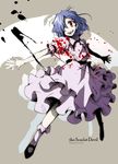  blood blue_hair character_name fang hair_over_one_eye outstretched_arms red_eyes remilia_scarlet satomura_kyou short_hair solo spread_arms touhou 