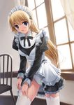  blonde_hair blue_eyes blush chair copyright_request curtains garter_straps long_hair maid maid_headdress miyase_mahiro panties solo thighhighs underwear window 