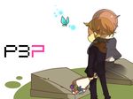  1girl amada_ken bad_id bad_pixiv_id brown_hair bug butterfly closed_eyes female_protagonist_(persona_3) flower holding hug insect persona persona_3 persona_3_portable school_uniform short_hair spoilers yahata_hato 