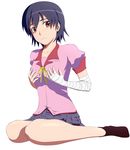  bakemonogatari bandaged_arm bandages black_hair brown_eyes chokotto covering covering_breasts kanbaru_suruga looking_at_viewer monogatari_(series) neck_ribbon pleated_skirt ribbon school_uniform short_hair simple_background sitting skirt socks solo wariza white_background 