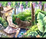  blonde_hair blue_eyes book dog dress flower hair_ornament hairclip hat hikariz kagamine_rin ribbon short_dress short_hair sitting solo vocaloid 