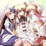  ayase_midori blonde_hair blue_eyes bow brown_hair drill_hair fang hair_bow hat long_hair luna_child multiple_girls red_eyes short_hair star_sapphire sunny_milk touhou twintails wings yellow_eyes 