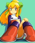  blonde_hair blue_eyes boots hair_ribbon kagenjoujo knee_boots long_hair panties ponytail red_skirt ribbon rockman rockman_(classic) roll skirt solo underwear upskirt white_panties 