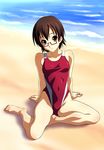  arm_support barefoot beach brown_eyes brown_hair competition_swimsuit day feet glasses highres k-on! manabe_nodoka norizou_type-r ocean one-piece_swimsuit red-framed_eyewear semi-rimless_eyewear short_hair sitting smile solo swimsuit under-rim_eyewear 