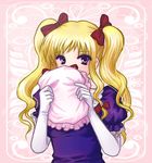  alha alternate_hairstyle blonde_hair bow covering_face elbow_gloves gloves hair_bow hat hat_removed headwear_removed holding holding_hat long_hair multicolored multicolored_eyes purple_eyes solo touhou twintails white_gloves yakumo_yukari yellow_eyes 