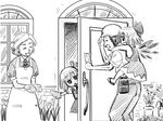  3girls blush bow carrying child cirno door gensoukoumuten greyscale hair_ribbon helmet letter monochrome multiple_girls old_man oven_mitts piggyback ribbon rumia short_hair touhou wings 