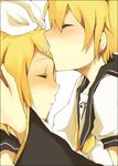  1girl bad_id bad_pixiv_id blonde_hair blush brother_and_sister closed_eyes forehead_kiss hair_ornament hairclip kagamine_len kagamine_rin kiss mono_(recall) siblings twins vocaloid 