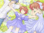  2girls antenna_hair clannad closed_eyes dress furukawa_nagisa husband_and_wife lying multiple_girls okazaki_tomoya okazaki_ushio ponytail sailor_dress satou_takeshi smile sundress 