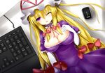  bad_id bad_pixiv_id banned_artist blonde_hair blush breasts cleavage elbow_gloves gloves hat keyboard_(computer) large_breasts long_hair mouse_(computer) one_eye_closed purple_eyes shikano_sumiaki solo touhou white_gloves yakumo_yukari 