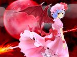  absurdres bad_id bad_pixiv_id bat_wings blue_hair hat highres mocha_(ng) moon polearm red_eyes red_moon remilia_scarlet short_hair solo spear spear_the_gungnir touhou weapon wings 