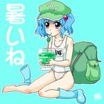  backpack bag barefoot blue_eyes blue_hair drink drinking drinking_straw hair_bobbles hair_ornament hat kairakuen_umenoka kawashiro_nitori one-piece_swimsuit pepsi_ice_cucumber school_swimsuit shoes short_hair single_shoe solo swimsuit touhou twintails two_side_up white_school_swimsuit white_swimsuit 