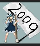  2009 animal_ears barefoot blue_eyes blue_hair bow calligraphy_brush cirno crost paintbrush short_hair solo touhou wings 
