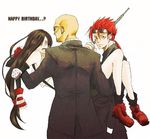  1girl 2boys bald baton birthday black_hair carrying female final_fantasy final_fantasy_vii fingerless_gloves formal gloves long_hair male multiple_boys princess_carry red_hair red_shoes reno rude shoes simple_background suit sunglasses suspenders tifa_lockhart tifa_lockheart turks weapon 