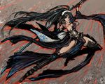  back bare_shoulders black_hair bodypaint breasts detached_sleeves gloves headband katana large_breasts long_hair long_sleeves moto_murabito original sideboob solo sword traditional_media very_long_hair weapon 