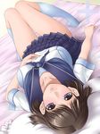  anegasaki_nene blush breasts brown_hair grey_eyes highres lips love_plus lying medium_breasts mole mole_under_eye pillow school_uniform socks solo yaso_shigeru 