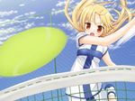  1girl ball blonde_hair game_cg orange_eyes outdoors sky solo sportswear tennis tennis_ball tennis_net tennis_uniform 