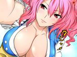  bangs blush breasts cleavage dutch_angle frills hair_bobbles hair_ornament highres large_breasts no_bra onozuka_komachi pink_eyes pink_hair short_hair sian smile solo touhou translated two_side_up upper_body wallpaper 