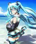  aqua_eyes aqua_hair beach day detached_sleeves hatsune_miku headphones headset long_hair looking_back necktie nisehoya ocean skirt solo thighhighs twintails very_long_hair vocaloid zettai_ryouiki 