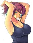  adjusting_hair armpits arms_up breasts eroe food green_eyes hair_tie large_breasts mouth_hold one-piece_swimsuit original ponytail popsicle school_swimsuit sideboob solo swimsuit tying_hair 