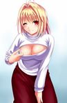  ;) antenna_hair arcueid_brunestud blonde_hair blush breasts cleavage cleavage_cutout cleavage_reach closed_mouth egnis hair_intakes highres large_breasts leaning_forward long_skirt meme_attire one_eye_closed open-chest_sweater purple_skirt red_eyes ribbed_sweater short_hair skirt smile solo sweater tsukihime turtleneck 