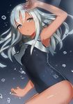  armpits bangs blue_background bubble ccaw cowboy_shot crop_top expressionless from_side hair_between_eyes highres kantai_collection long_hair looking_at_viewer one-piece_swimsuit revision ro-500_(kantai_collection) school_swimsuit school_uniform serafuku silver_eyes silver_hair solo submerged swimsuit tan tanline tareme thighs underwater 