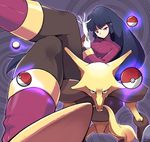  alakazam black_bodysuit bodysuit boots gen_1_pokemon gloves highres natsume_(pokemon) pantyhose poke_ball pokemon pokemon_(creature) purple_eyes purple_hair tm_(hanamakisan) 