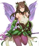  bare_shoulders braid breasts brown_hair gauntlets green_eyes hair_ornament kurowa long_hair pantyhose polearm purple_wings puzzle_&amp;_dragons shield shiny shiny_clothes single_braid skirt small_breasts solo spear valkyrie_(p&amp;d) weapon wings wood_valkyrie_(p&amp;d) 