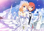  blonde_hair blue_eyes blush bouquet bow bridal_veil bride cloud couple day dress elbow_gloves flower formal gloves groom hair_bow highres long_hair mole mole_under_eye multiple_girls nelson_(zhan_jian_shao_nyu) one_eye_closed open_mouth red_hair rodney_(zhan_jian_shao_nyu) sky smile suit uiu veil wedding wedding_dress wife_and_wife yuri zhan_jian_shao_nyu 