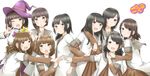  7thbirth black_hair braid brown_hair closed_mouth cosplay curly_hair dress fujita_saki hat katou_emiri long_hair magical_girl mikami_shiori mimori_suzuko mirakurun mirakurun_(cosplay) mole mole_under_mouth multiple_girls nanamori_school_uniform one_eye_closed ookubo_rumi ootsubo_yuka open_mouth ponytail sailor_dress school_uniform seiyuu serafuku short_hair simple_background skirt taketatsu_ayana toyosaki_aki tsuda_minami white_background witch_hat yuru_yuri 