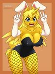  2015 anthro big_breasts blonde_hair breasts cleavage clothed clothing elbow_gloves equine feathers female fishnet fur gloves hair hi_res horn horse kloudmutt legwear long_hair looking_at_viewer mammal open_mouth smile solo standing stockings teeth tight_clothing tongue unicorn wide_hips winged_unicorn wings yellow_feathers yellow_fur 