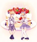  1girl alternate_costume blonde_hair blue_eyes blueberry bow brother_and_sister cake candle feeding food fork fruit hair_bow hair_ornament hair_ribbon hima_(ab_gata) kagamine_len kagamine_rin kneehighs miniboy minigirl raspberry ribbon sailor_collar short_hair shorts siblings skirt strawberry strawberry_shortcake suspenders vocaloid white_legwear 