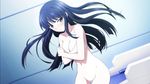  1girl blue_eyes breast_hold covering covering_breasts embarrassed game_cg long_hair looking_at_viewer mahouka_koukou_no_rettousei navel nude photoshop pussy shiba_miyuki solo standing uncensored 