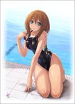  blue_eyes blush breasts brown_hair competition_swimsuit goggles goggles_around_neck kneeling looking_at_viewer medium_breasts murasaki_nyaa one-piece_swimsuit original pool short_hair solo swimsuit wet wet_clothes wet_swimsuit 