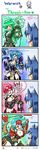  4koma absurdres alternate_costume animal_ears armor artist_name blue_eyes blue_hair blush breasts chibi cleavage comic genderswap genderswap_(mtf) green_eyes green_hair hair_ornament highres lantern large_breasts league_of_legends long_hair multicolored_hair multiple_girls navel open_mouth red_eyes signature smile teeth tentacles thresh vilde_loh_hocen warwick weapon yellow_eyes yuri 