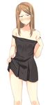  :/ areolae blush brown_eyes brown_hair dagashi_kashi dress dress_lift dress_pull earrings embarrassed endou_saya frown hair_ornament hairclip highres jewelry karuchiya solo standing strap_pull strap_slip 