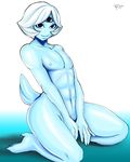  2014 abs alien blue_skin covering hair kneeling looking_at_viewer mackenzie male nipples nude razalor short_tail smile solo third_eye white_hair wide_hips 