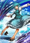  :p barefoot blue_sky cloud day geta heterochromia juliet_sleeves long_sleeves looking_at_viewer outstretched_arms puffy_sleeves shirt shoes single_shoe skirt sky smile solo tatara_kogasa tongue tongue_out touhou umigarasu_(kitsune1963) vest 