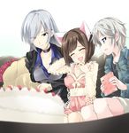  3girls anastasia_(idolmaster) animal_ears blue_eyes breasts brown_hair cake cat_ears cherry cleavage couch dress eyes_closed flower food fruit fujy gray_hair grey_hair idolmaster idolmaster_cinderella_girls long_hair maekawa_miku multiple_girls open_mouth ribbon_choker sitting smile takamine_noa 