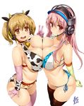  animal_ears animal_print bell bell_collar bikini blonde_hair blush breast_press breasts brown_legwear cleavage collar collarbone cosplay cow_bell cow_ears cow_horns cow_print elbow_gloves gloves green_gloves headphones headset highres horns idolmaster idolmaster_cinderella_girls large_breasts long_hair looking_at_viewer multiple_girls nitroplus nitta_minami nitta_minami_(cosplay) oikawa_shizuku oikawa_shizuku_(cosplay) open_mouth orange_eyes pink_eyes pink_gloves pink_hair pink_legwear shiny shiny_skin short_hair side-tie_bikini sideboob simple_background skindentation smile strap_gap super_pochaco super_sonico swimsuit symmetrical_docking thighhighs thighs twintails uo_denim v visor_cap white_background 