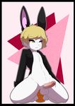  2014 anthro balls blonde_hair bottomless clothed clothing dildo hair half-dressed humanoid_penis jacket lagomorph male mammal munks one_eye_closed penis precum rabbit sex_toy simple_background solo wink 