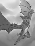  2015 anthro bat breasts claws female fur grey_eyes grey_fur looking_at_viewer mammal monochrome nude rhyu shaded sketch smile solo white_fur wings 
