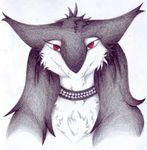  anthro big_ears black_fur caleb_magness collar eyelashes fangs female fluffy fur hair invalid_tag jewelry long_hair looking_at_viewer messy_hair portrait red_eyes semi-anthro serenia serenia25 sergal smile smirk stare thick_fur tuft western_sergal white_fur 