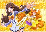  ;d amanogawa_kirara boots bow brown_hair character_name cure_twinkle dual_persona earrings gloves go!_princess_precure hairband high_heel_boots high_heels highres jewelry long_hair low-tied_long_hair magical_girl multicolored_hair multiple_girls nanjou_akimasa noble_academy_school_uniform one_eye_closed open_mouth orange_background orange_hair precure purple_eyes quad_tails red_hair school_uniform skirt smile sparkle star star_earrings streaked_hair thigh_boots thighhighs twintails two-tone_hair white_footwear white_legwear white_skirt 