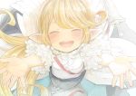  1girl :d ^_^ blonde_hair blush charlotta_fenia closed_eyes commentary_request eyes_closed facing_viewer frills granblue_fantasy happy harvin incoming_hug long_hair open_mouth outstretched_arms pointy_ears sheath short smile solo walkalone 