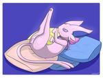  2014 anus butt eeveelution espeon female feral kyoushiro looking_at_viewer lying nintendo on_back pillow pok&eacute;mon presenting pussy signature solo video_games 