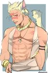  animal_ears battle_tendency blonde_hair cat_ears cat_tail facial_mark highres jewelry jojo_no_kimyou_na_bouken kemonomimi_mode male_focus muscle necklace osu_(194765) solo tail tattoo vest wamuu 