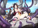  1girl ara_han biting black_hair breasts detached_sleeves elsword feet fingerless_gloves gloves imminent_rape kuro_(kuronell) long_hair navel nipple_biting nipples no_shoes open_mouth pubic_hair pussy restrained spread_legs sweat tears tentacle toeless_legwear toes torn_clothes uncensored very_long_hair wet wince yellow_eyes 