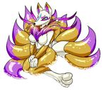  2015 anthro blue_sclera breasts canine chest_tuft female fox fur kyuubi_(youkai_watch) mammal multiple_tails navel nude purple_fur sitting solo tailzkim tuft yellow_eyes yellow_fur youkai_watch 