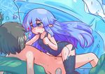  1boy 1girl aoihitsuji blue_eyes blue_hair blush brown_hair girl_on_top heart jellyfish looking_at_another monster_girl one-piece_swimsuit pointy_ears sex swimsuit underwater vaginal very_long_hair water 